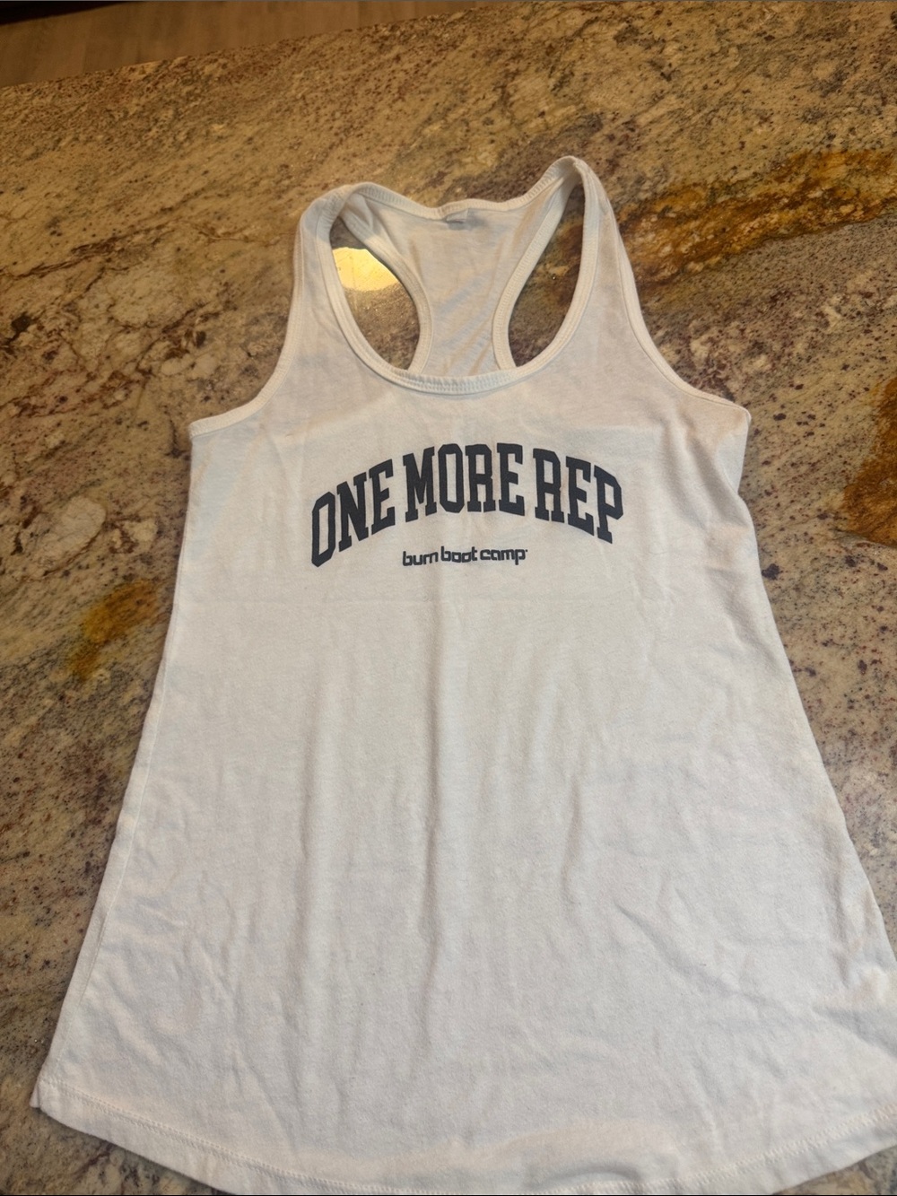 Burn boot camp White Racerback Tank Top with 'ONE MORE REP' Graphic